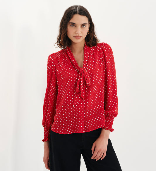 Mavis Red Polka Dot Pussy Bow Blouson Sleeve Blouse
