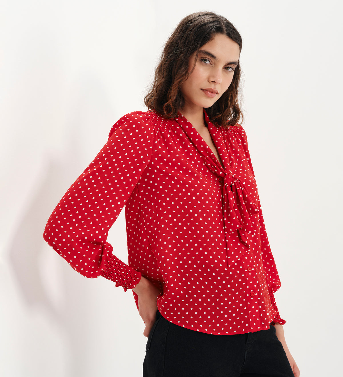 Mavis Red Polka Dot Pussy Bow Blouson Sleeve Blouse