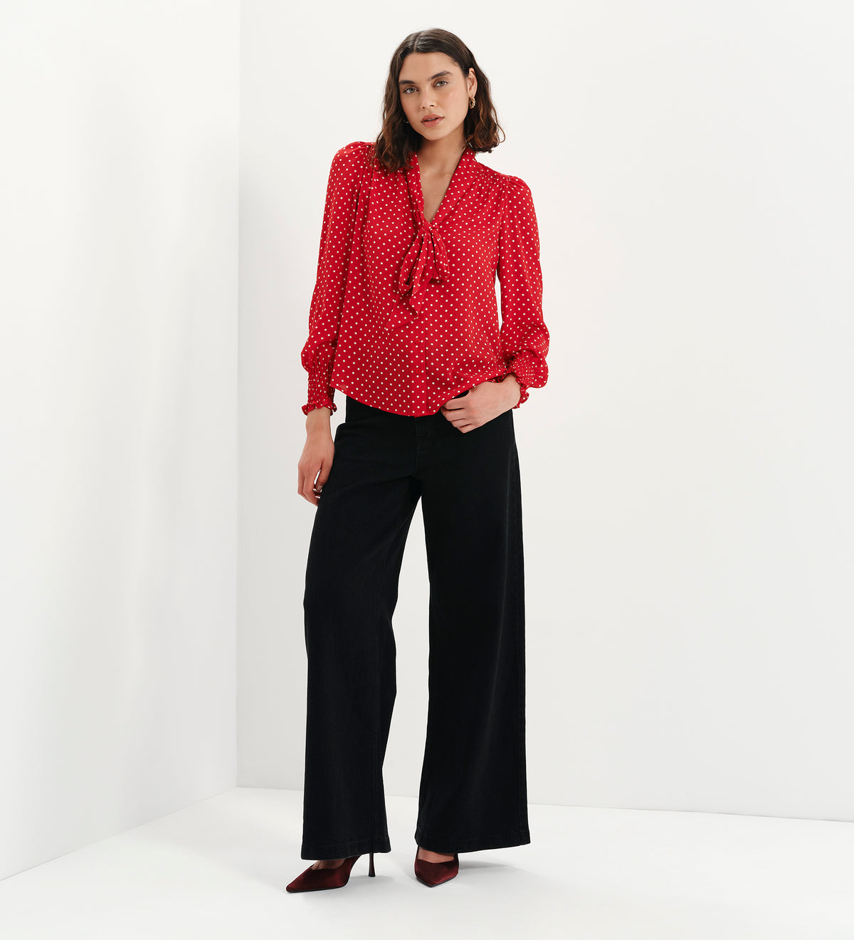 Mavis Red Polka Dot Pussy Bow Blouson Sleeve Blouse