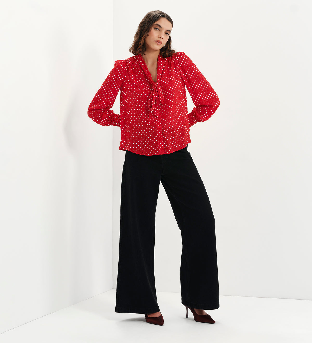 Mavis Red Polka Dot Pussy Bow Blouson Sleeve Blouse