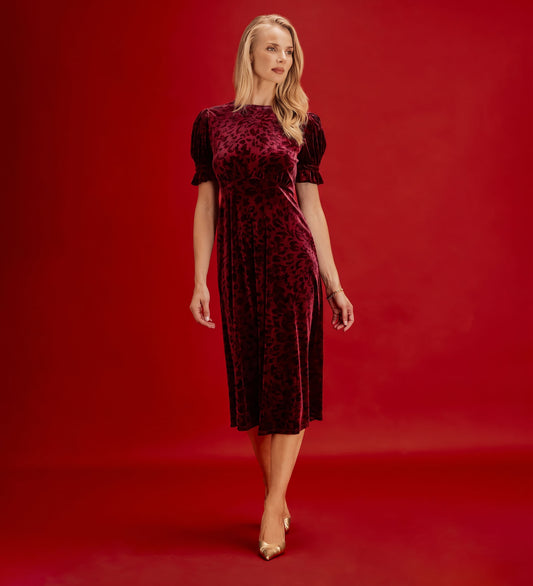 Mela Burgundy Animal Velvet Midi Tea Dress
