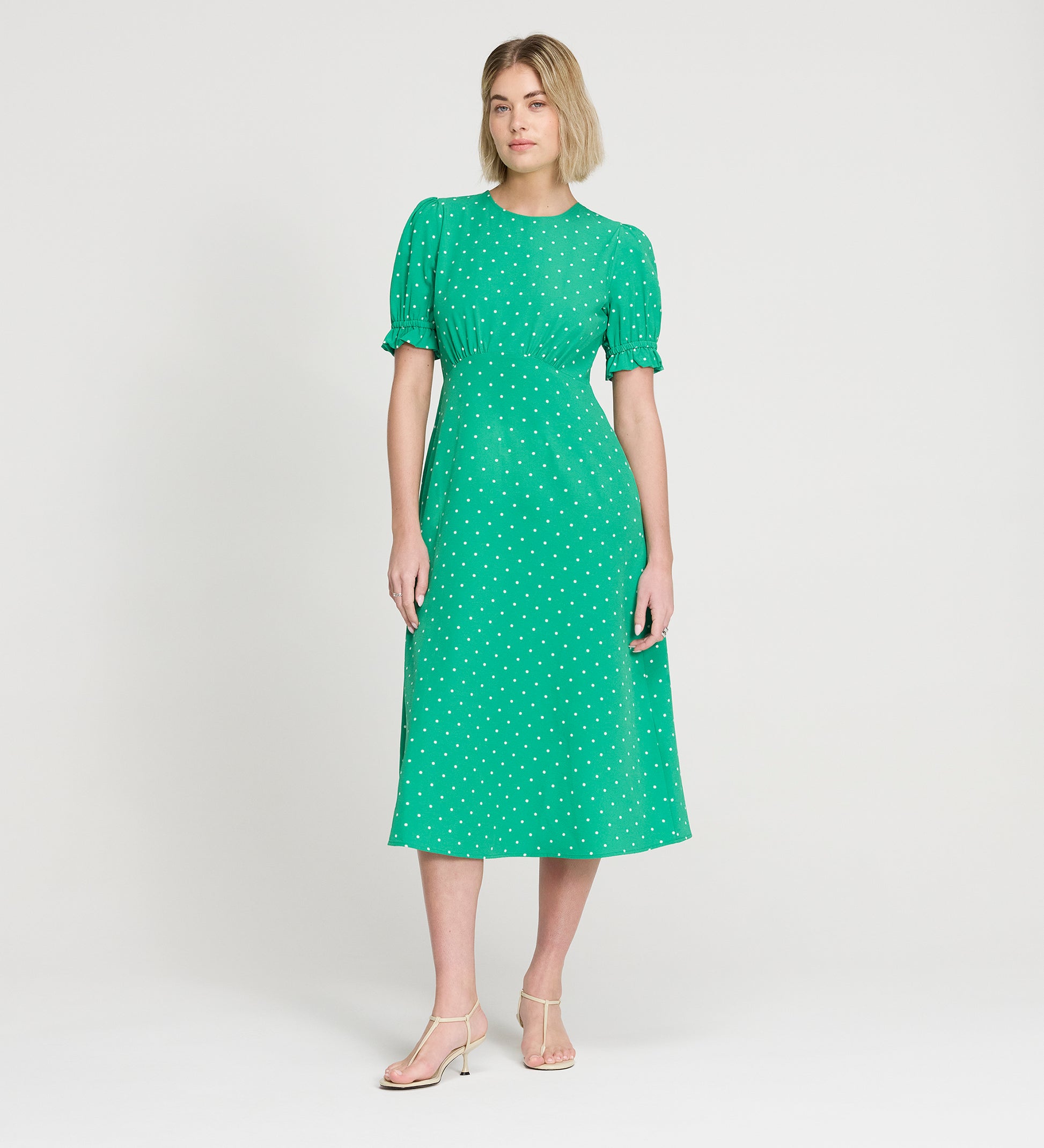 green polka dot tea dress Green Short Sleeve V Neck Polka Dot Midi Dress