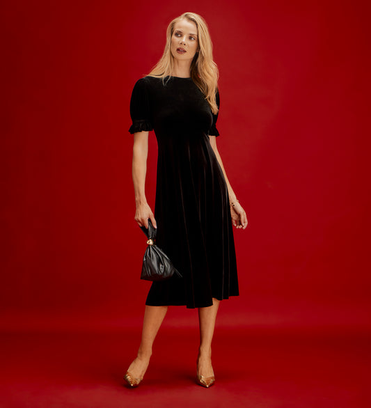 Mela Black Velvet Midi Tea Dress