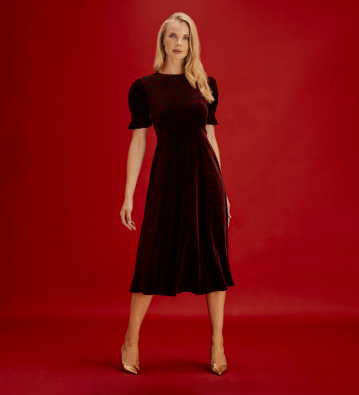 Mela Burgundy Animal Velvet Midi Tea Dress