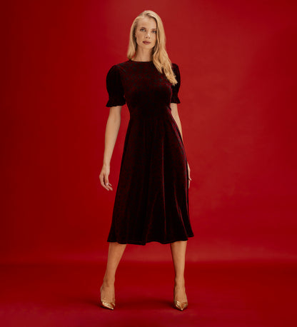 Mela Burgundy Animal Velvet Midi Tea Dress