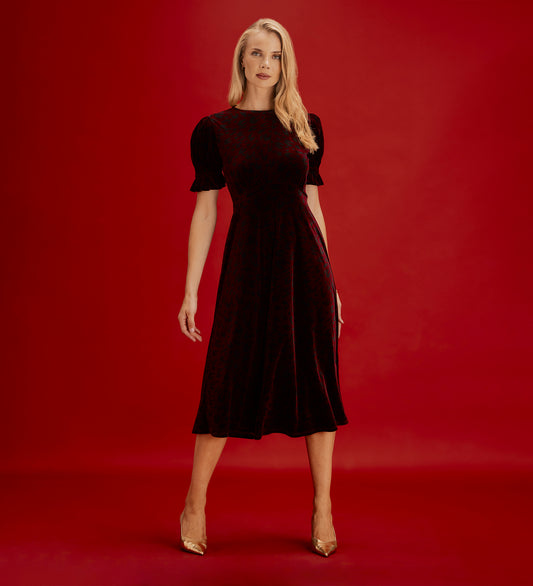 Mela Burgundy Animal Velvet Midi Tea Dress