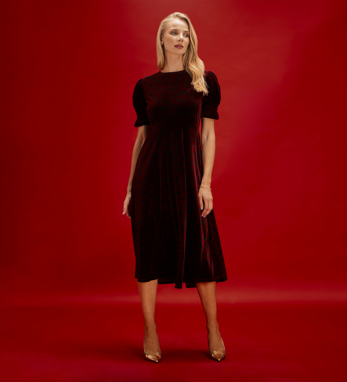 Mela Burgundy Animal Velvet Midi Tea Dress