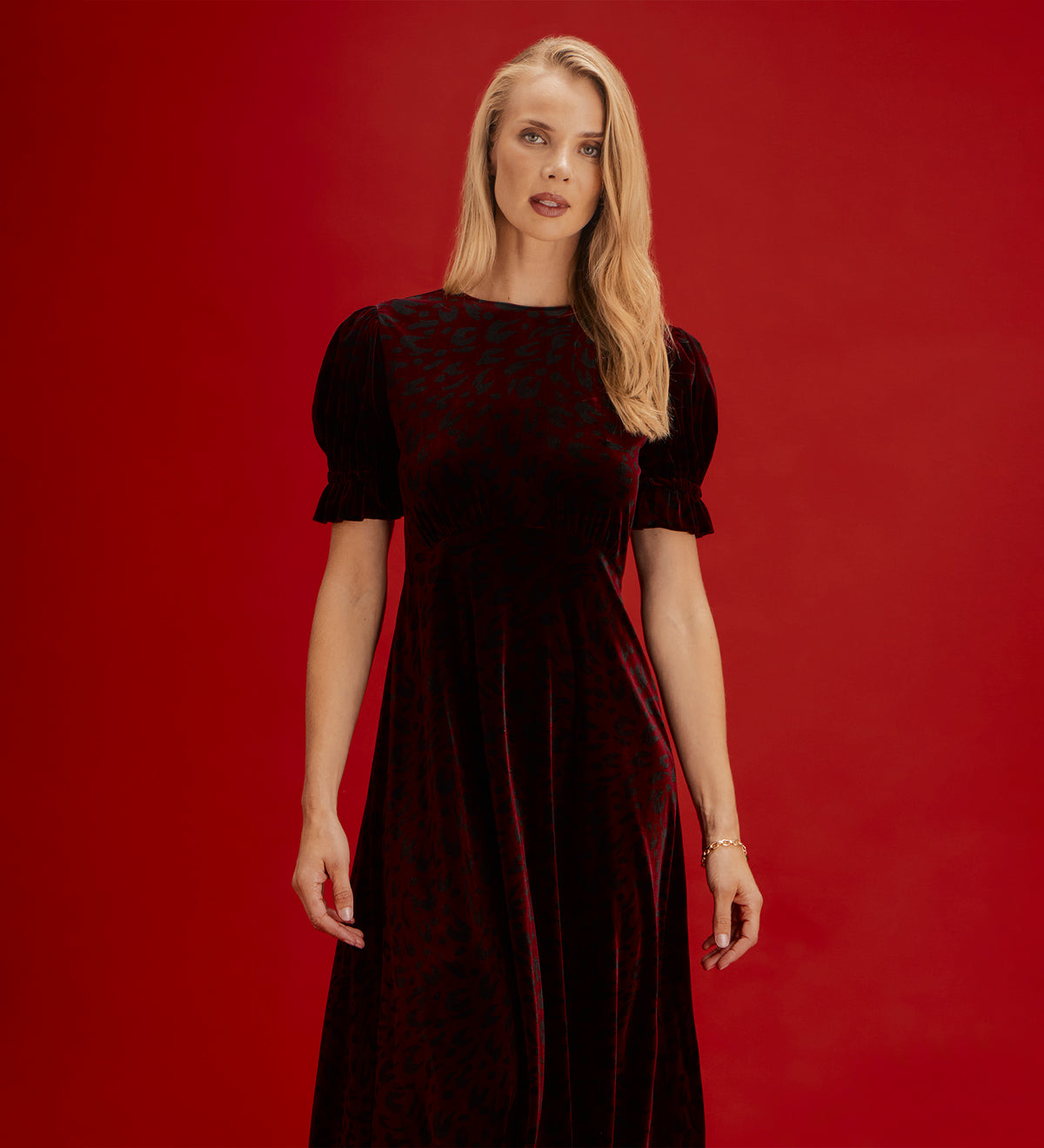 Mela Burgundy Animal Velvet Midi Tea Dress