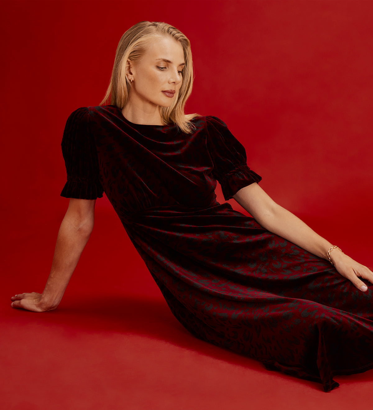 Mela Burgundy Animal Velvet Midi Tea Dress