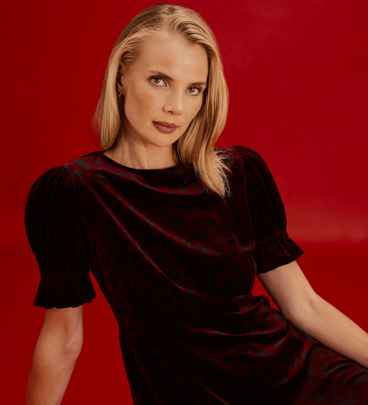 Mela Burgundy Animal Velvet Midi Tea Dress