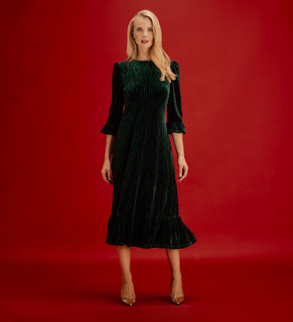 Scarlett Green Zebra Velvet Ruffle Cuff Tiered Midi Dress
