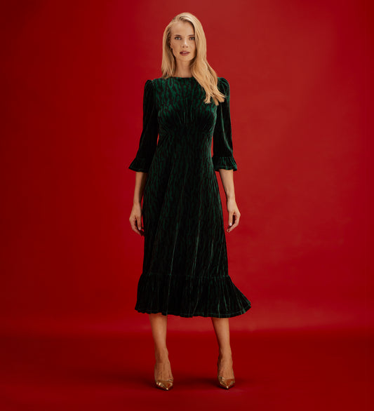 Scarlett Green Zebra Velvet Ruffle Cuff Tiered Midi Dress