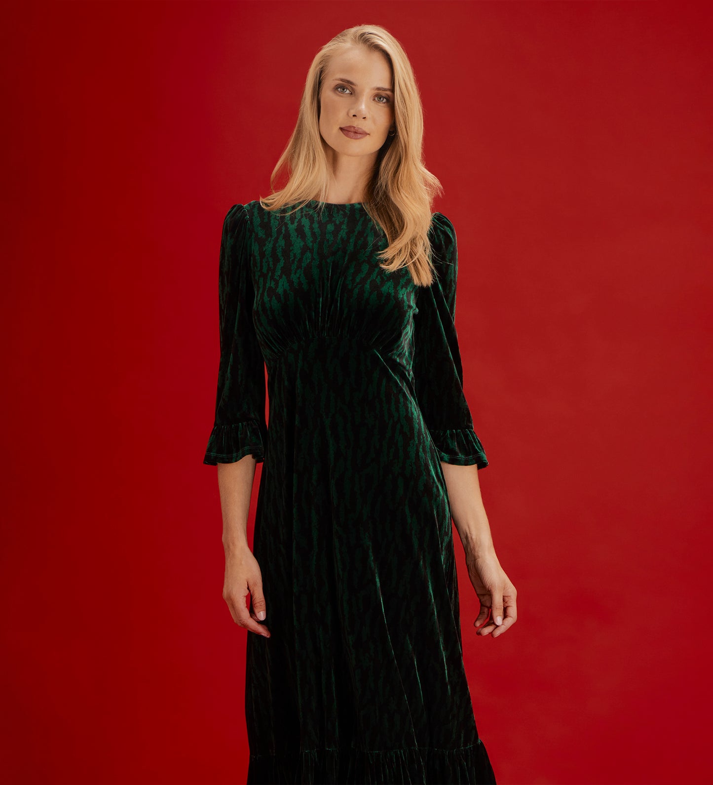 Scarlett Green Zebra Velvet Ruffle Cuff Tiered Midi Dress