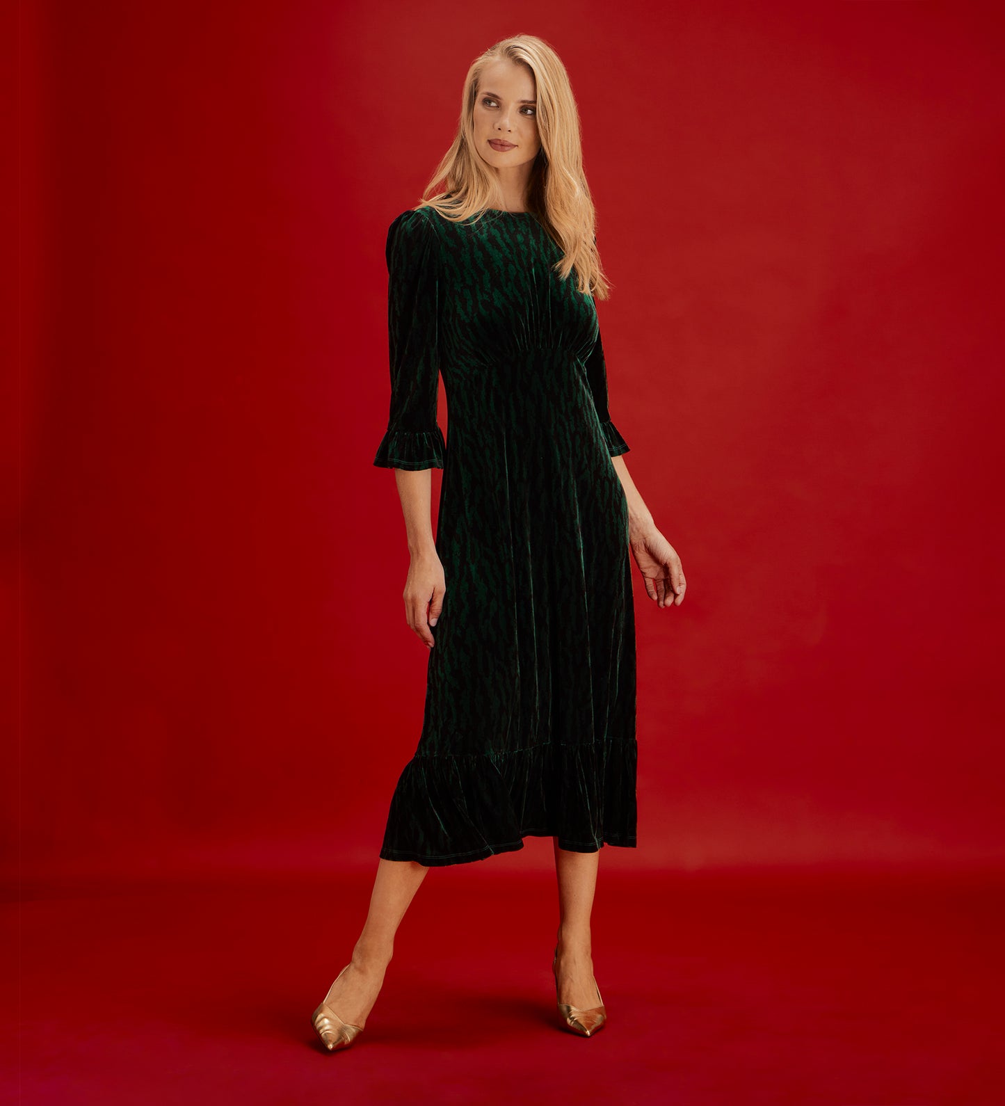 Scarlett Green Zebra Velvet Ruffle Cuff Tiered Midi Dress