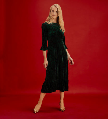 Scarlett Green Zebra Velvet Ruffle Cuff Tiered Midi Dress