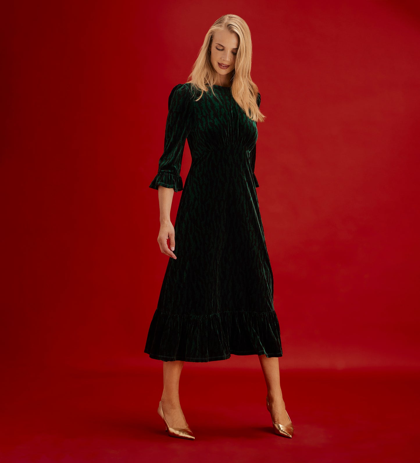 Scarlett Green Zebra Velvet Ruffle Cuff Tiered Midi Dress