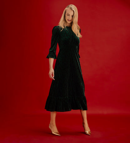 Scarlett Green Zebra Velvet Ruffle Cuff Tiered Midi Dress
