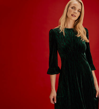 Scarlett Green Zebra Velvet Ruffle Cuff Tiered Midi Dress