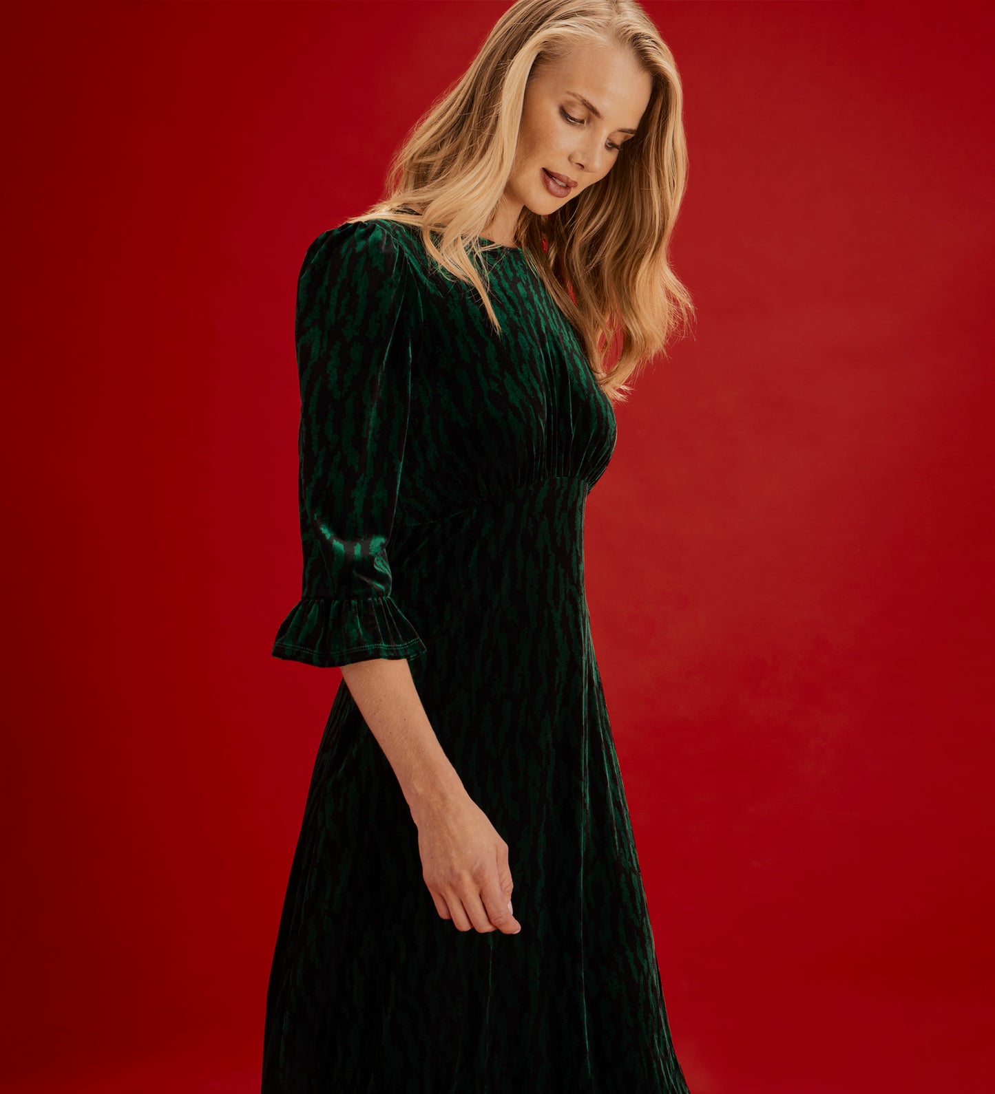 Scarlett Green Zebra Velvet Ruffle Cuff Tiered Midi Dress