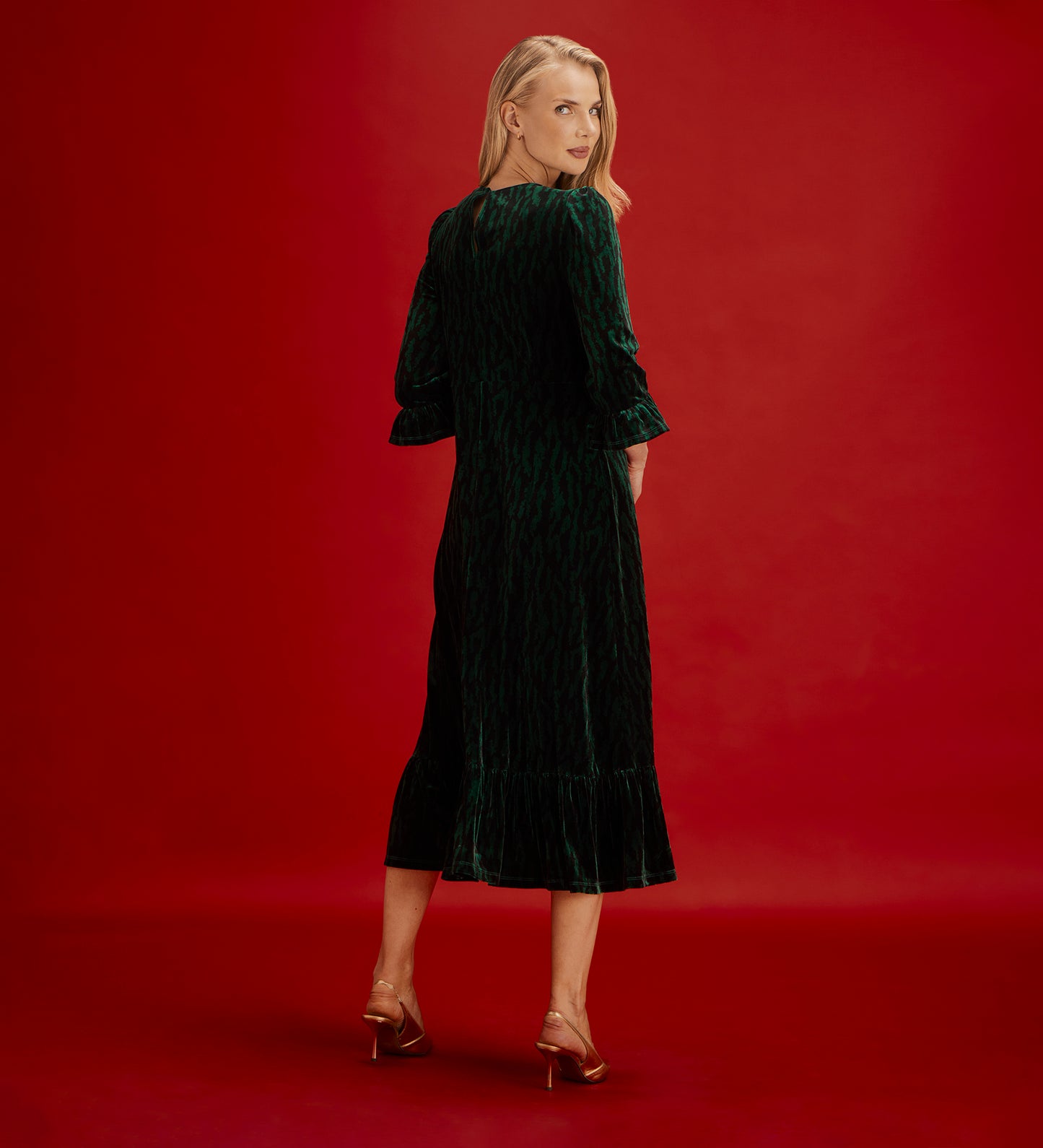 Scarlett Green Zebra Velvet Ruffle Cuff Tiered Midi Dress