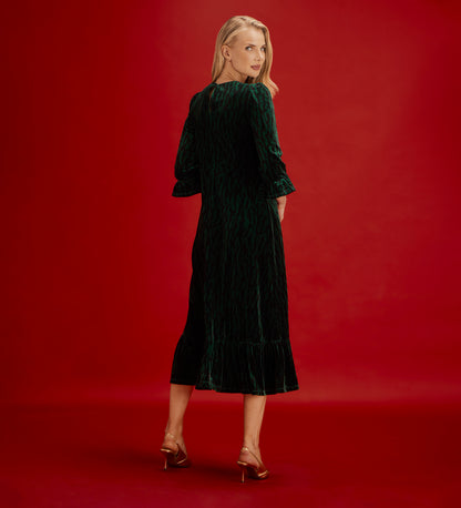 Scarlett Green Zebra Velvet Ruffle Cuff Tiered Midi Dress