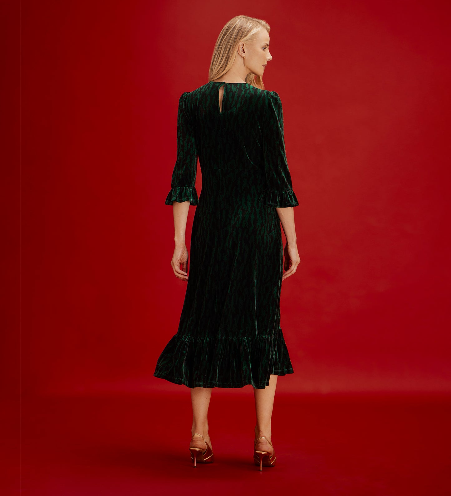 Scarlett Green Zebra Velvet Ruffle Cuff Tiered Midi Dress