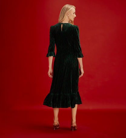 Scarlett Green Zebra Velvet Ruffle Cuff Tiered Midi Dress