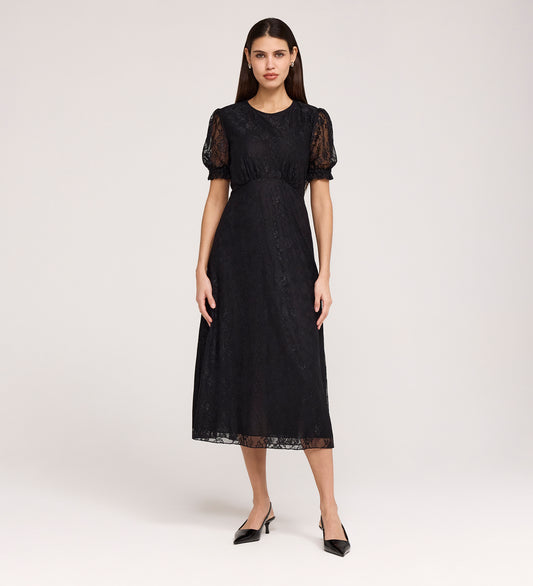 Mela Black Lace Round Neck Puff Sleeve Midi Tea Dress