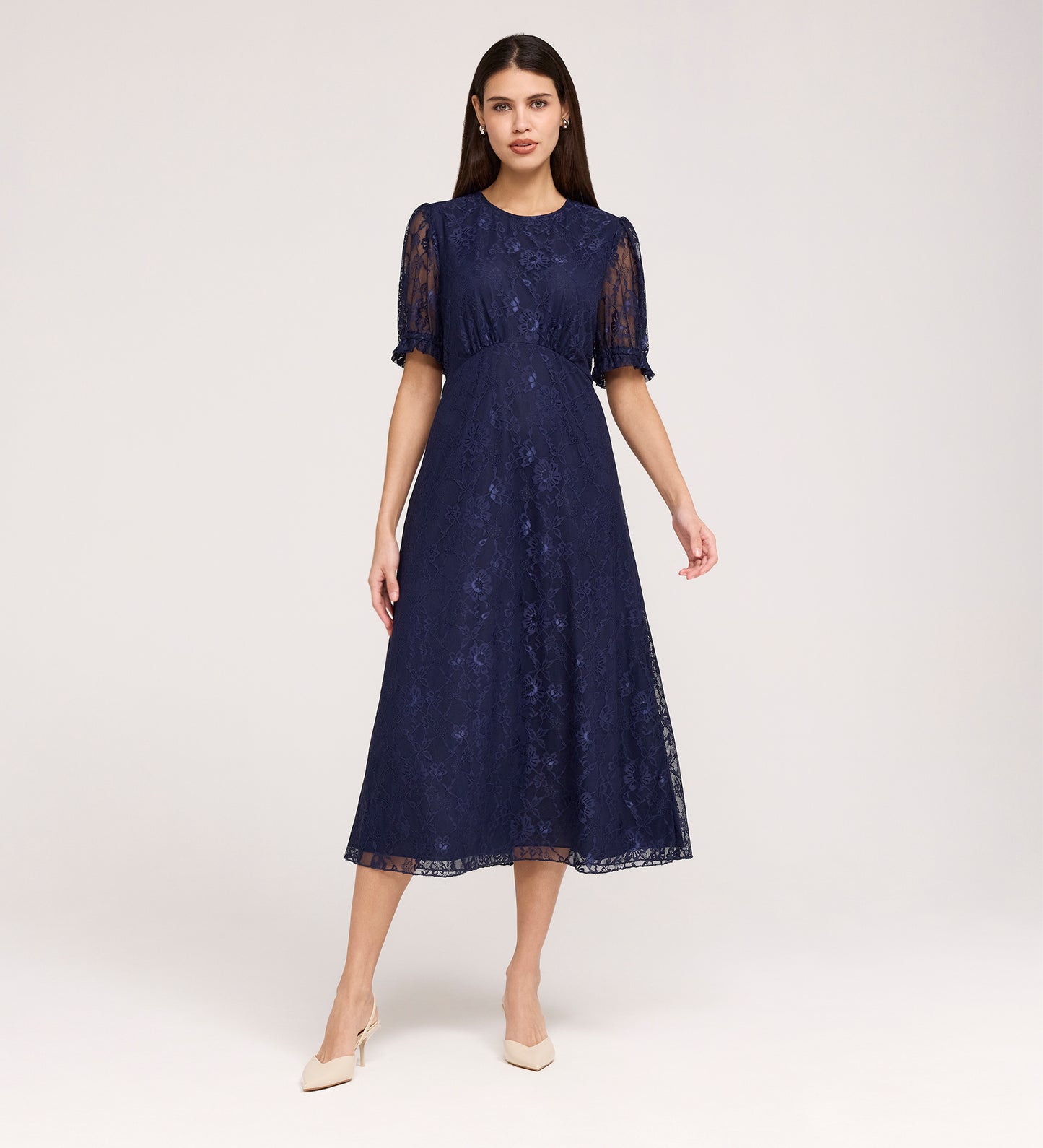 Mela Navy Lace Round Neck Puff Sleeve Midi Tea Dress