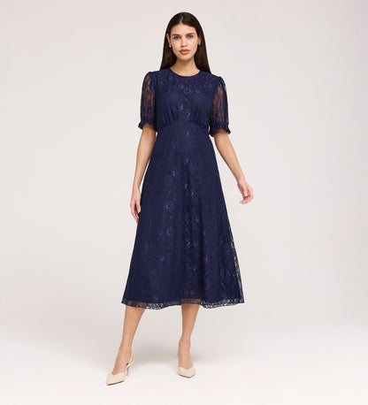 Mela Navy Lace Round Neck Puff Sleeve Midi Tea Dress