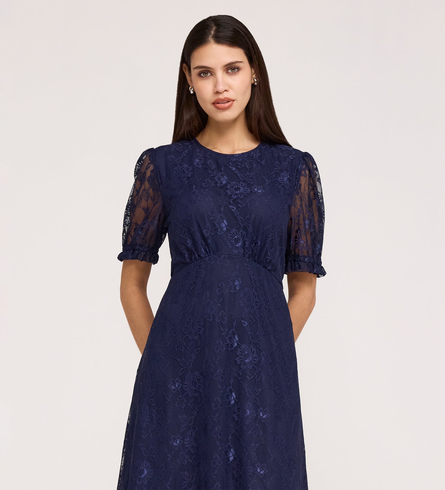 Mela Navy Lace Round Neck Puff Sleeve Midi Tea Dress