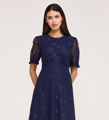 Mela Navy Lace Round Neck Puff Sleeve Midi Tea Dress