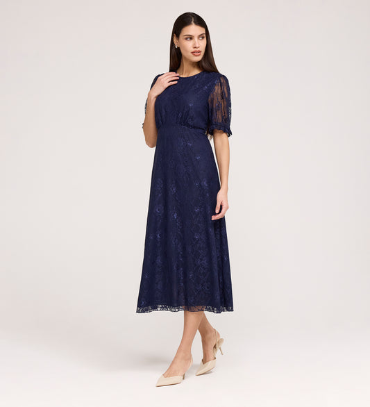 Mela Navy Lace Round Neck Puff Sleeve Midi Tea Dress