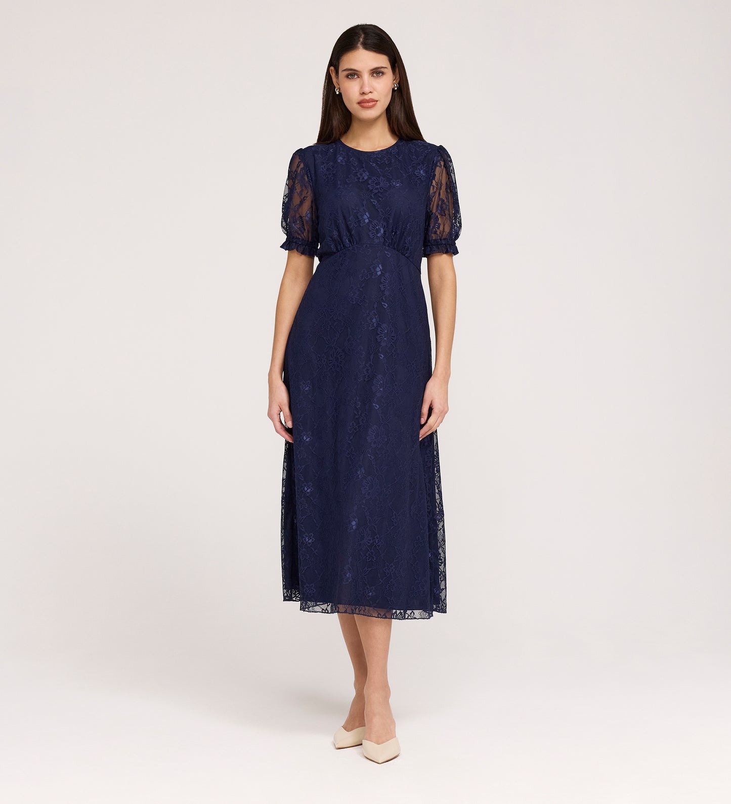Mela Navy Lace Round Neck Puff Sleeve Midi Tea Dress