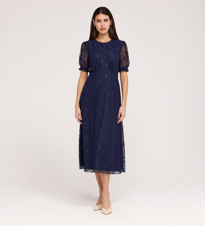 Mela Navy Lace Round Neck Puff Sleeve Midi Tea Dress