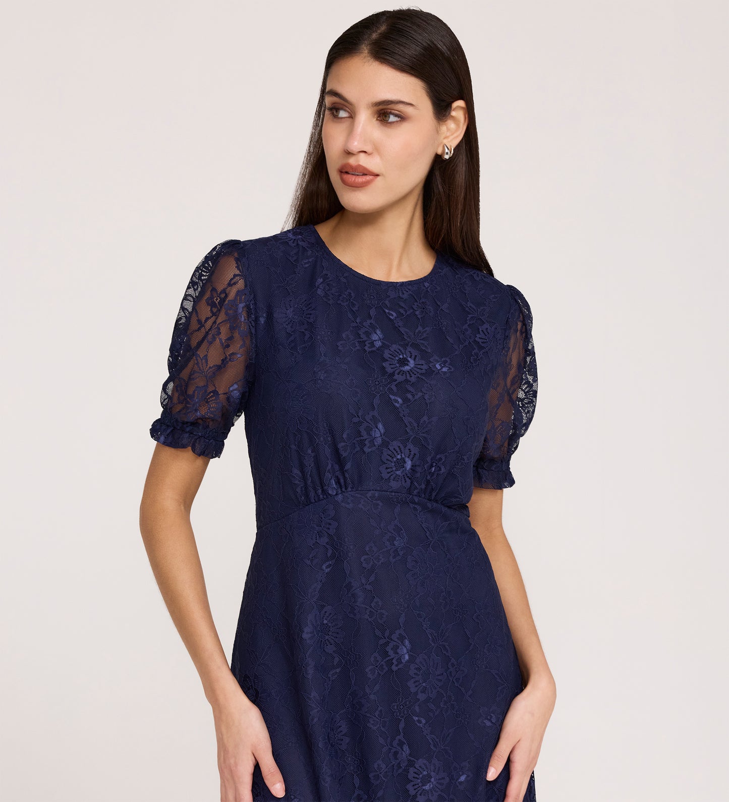 Mela Navy Lace Round Neck Puff Sleeve Midi Tea Dress