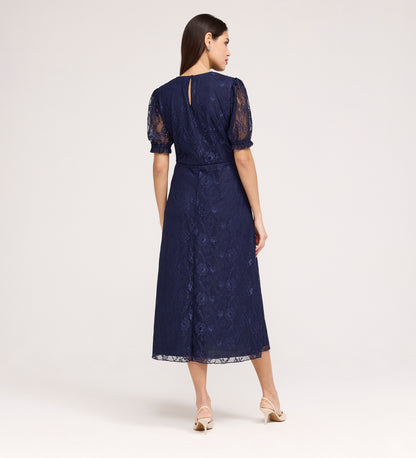 Mela Navy Lace Round Neck Puff Sleeve Midi Tea Dress