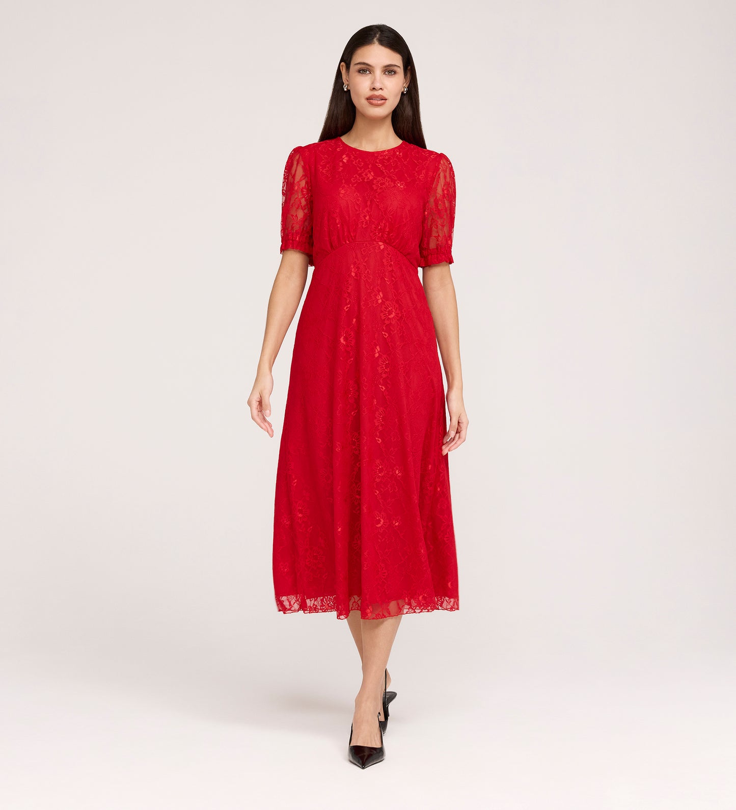 Mela Red Lace Round Neck Puff Sleeve Midi Tea Dress