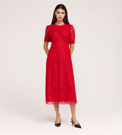 Mela Red Lace Round Neck Puff Sleeve Midi Tea Dress