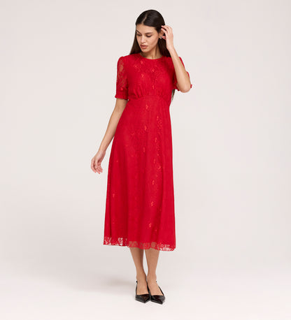 Mela Red Lace Round Neck Puff Sleeve Midi Tea Dress