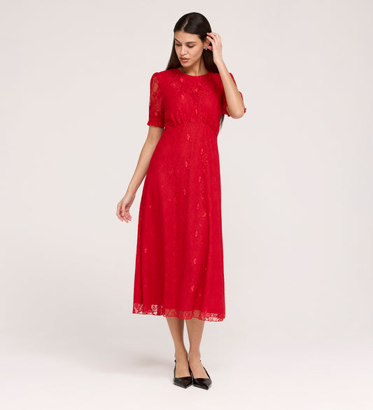 Mela Red Lace Round Neck Puff Sleeve Midi Tea Dress
