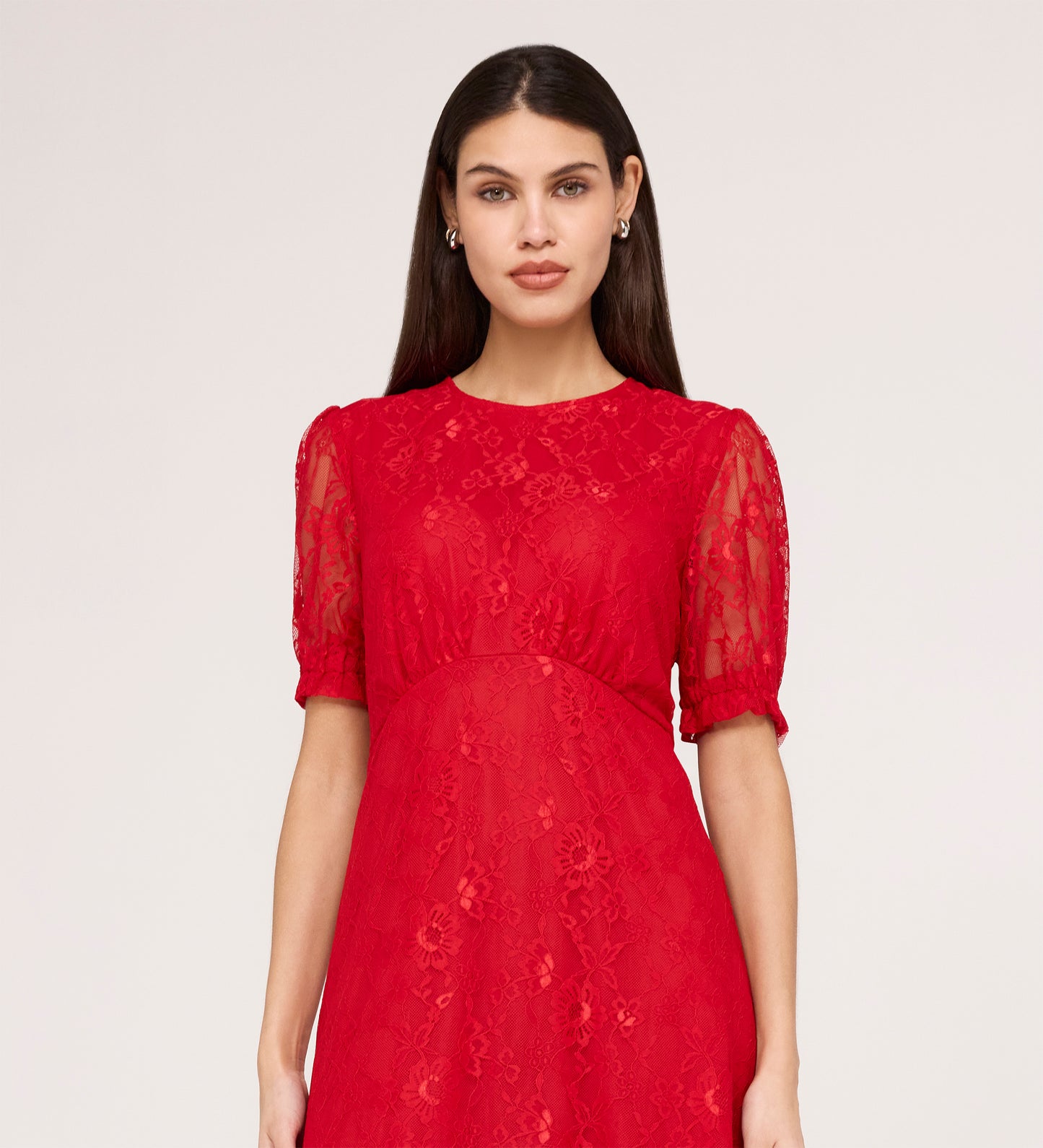 Mela Red Lace Round Neck Puff Sleeve Midi Tea Dress
