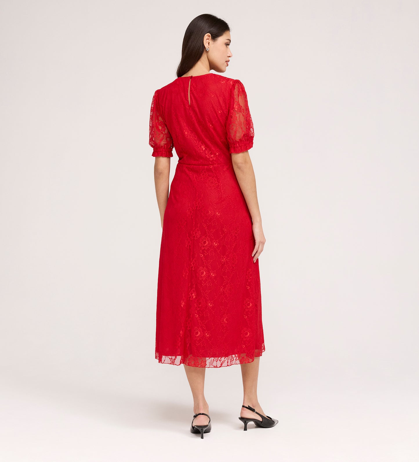 Mela Red Lace Round Neck Puff Sleeve Midi Tea Dress