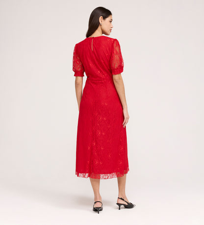Mela Red Lace Round Neck Puff Sleeve Midi Tea Dress