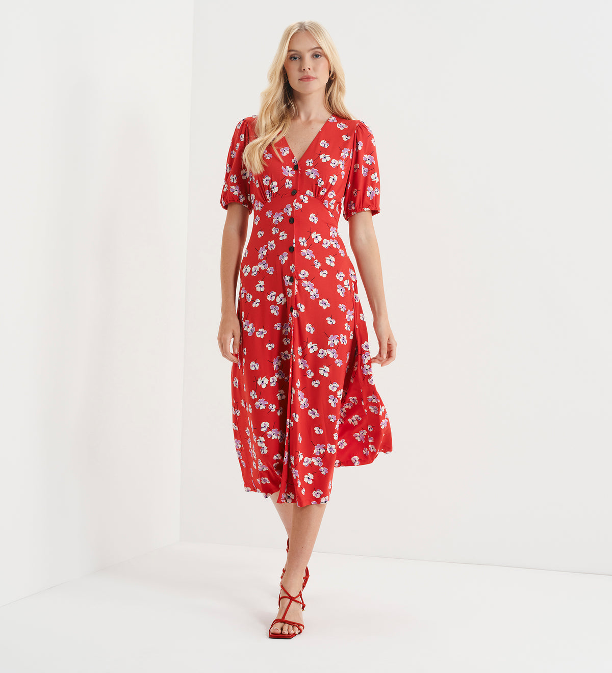 Milena Red Poppies Jersey Midi Dress
