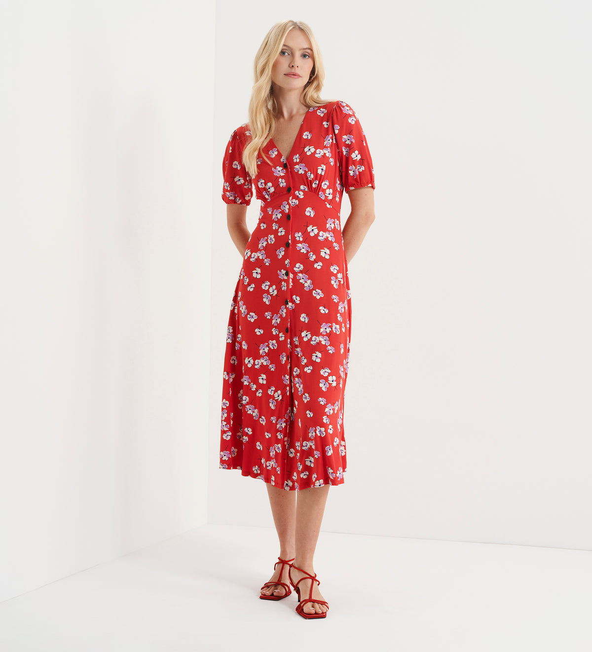 Milena Red Poppies Jersey Midi Dress