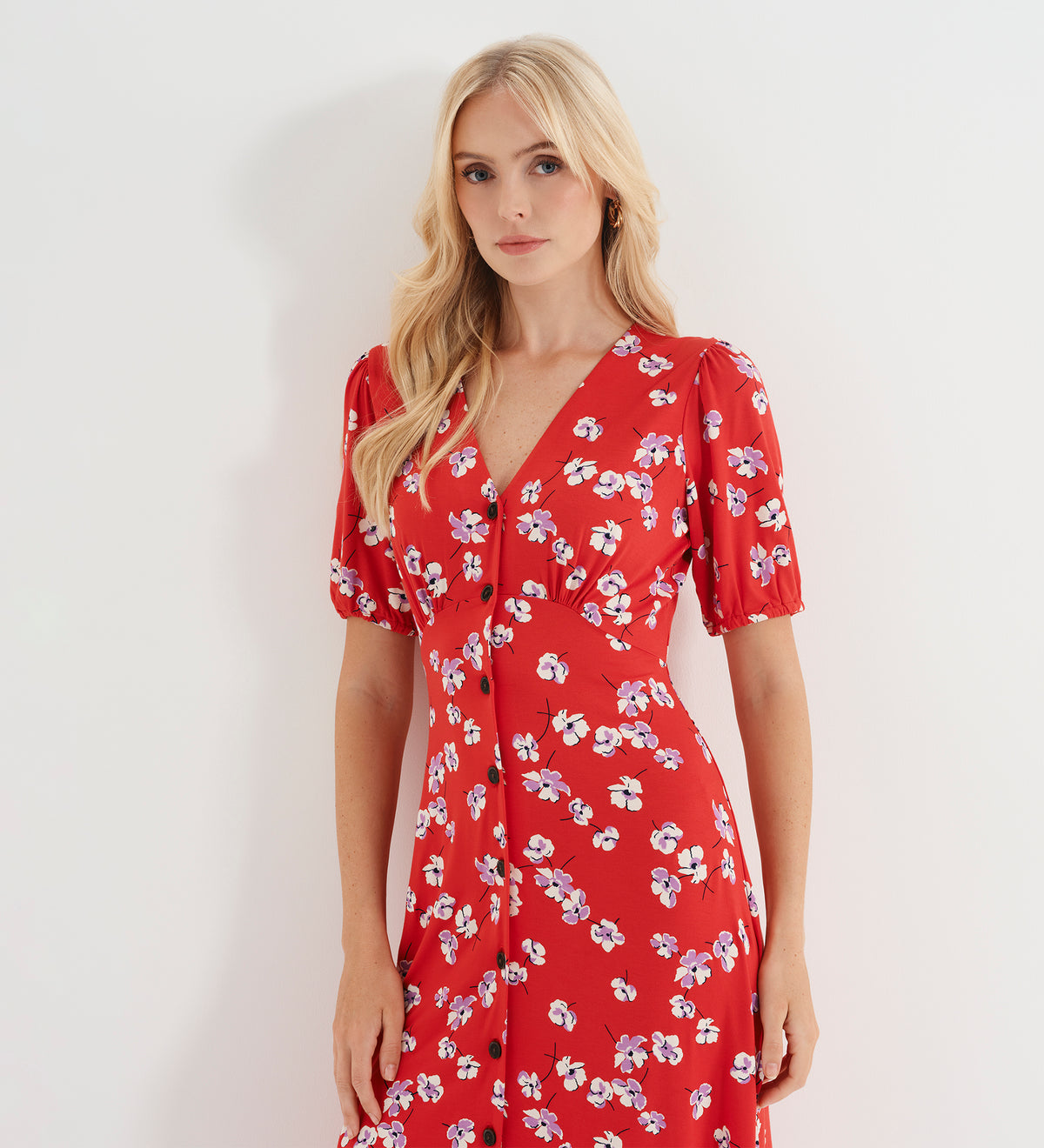 Milena Red Poppies Jersey Midi Dress