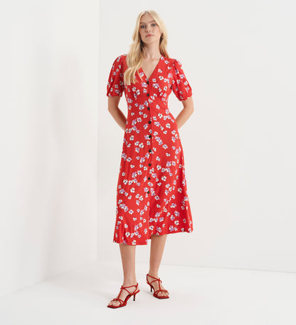 Milena Red Poppies Jersey Midi Dress