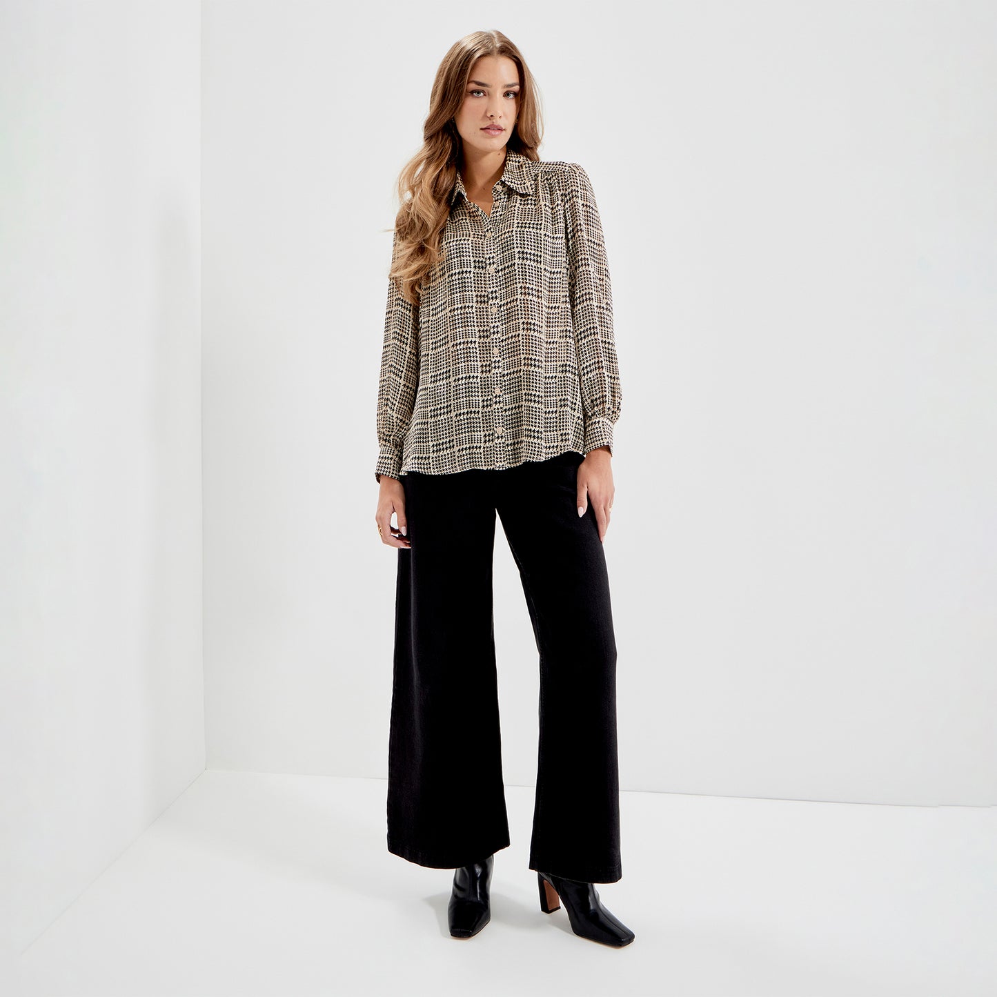 Melina Beige Houndstooth Chiffon Relaxed Fit Gathered Yoke Shirt