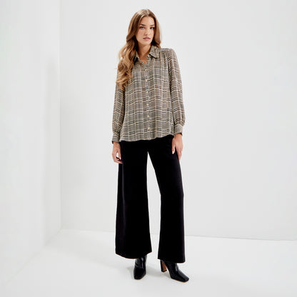 Melina Beige Houndstooth Chiffon Relaxed Fit Gathered Yoke Shirt